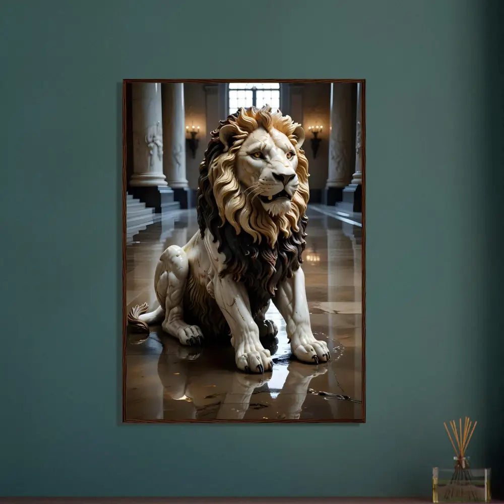 Framed marble lion statue artwork displayed in PixiOnyx Regal Sculpture Series poster