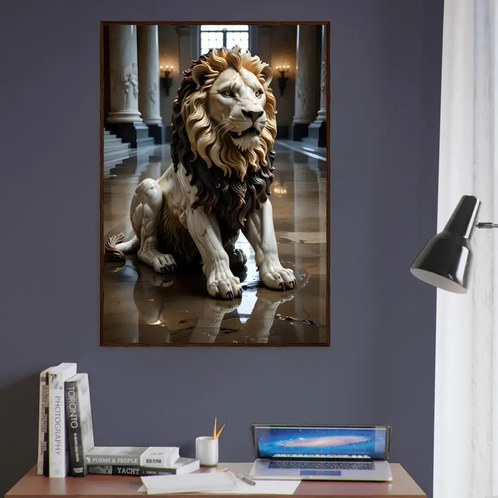 Framed lion statue artwork from PixiOnyx Regal Sculpture Series in grand hall display