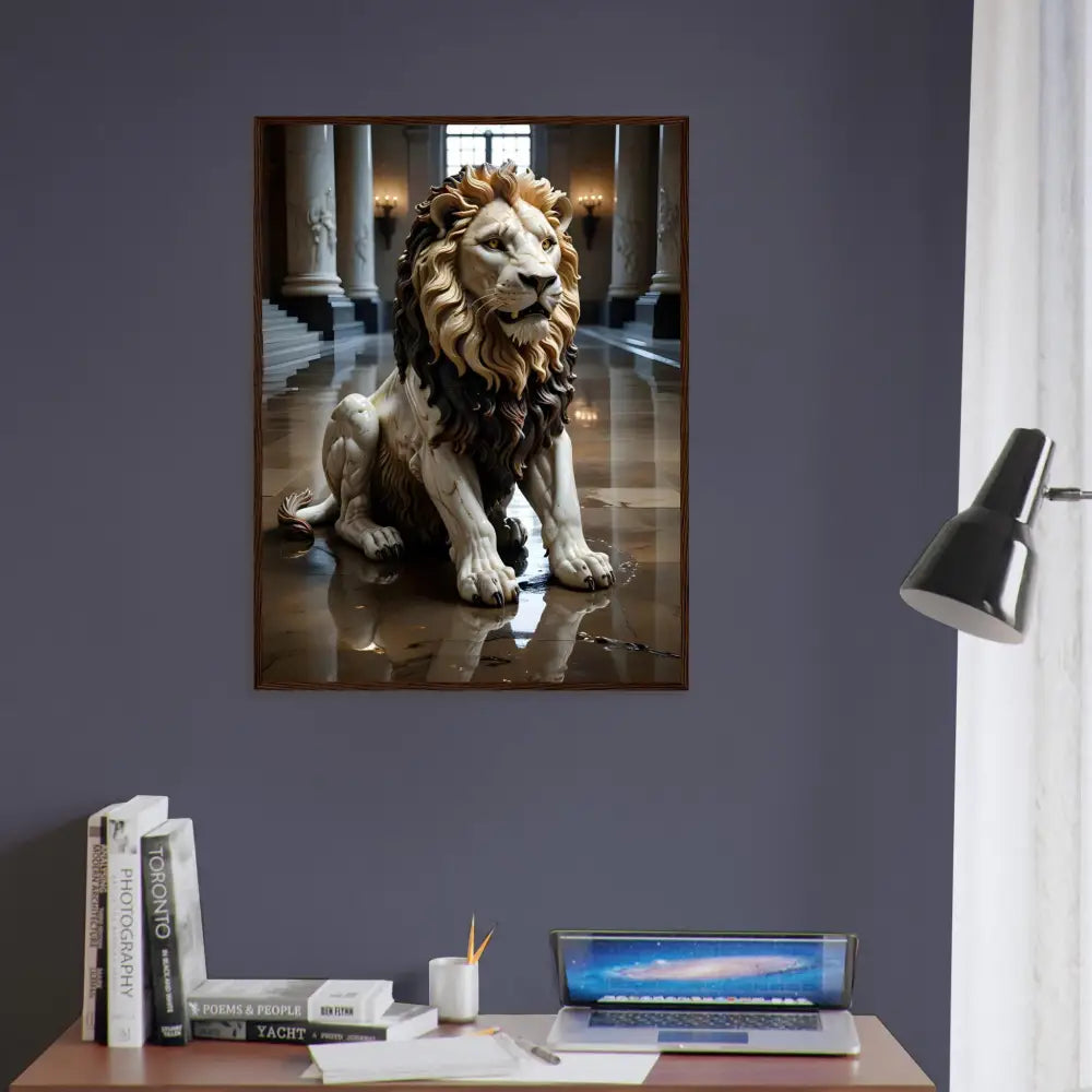 Framed marble lion statue art from PixiOnyx Regal Sculpture Series in grand hall