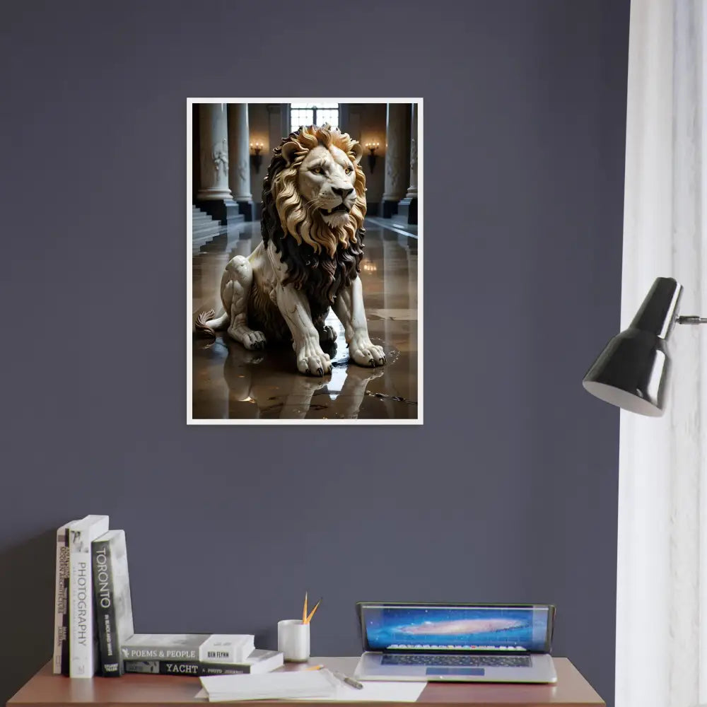 Framed lion statue print from PixiOnyx Regal Sculpture Series in a grand hall setting
