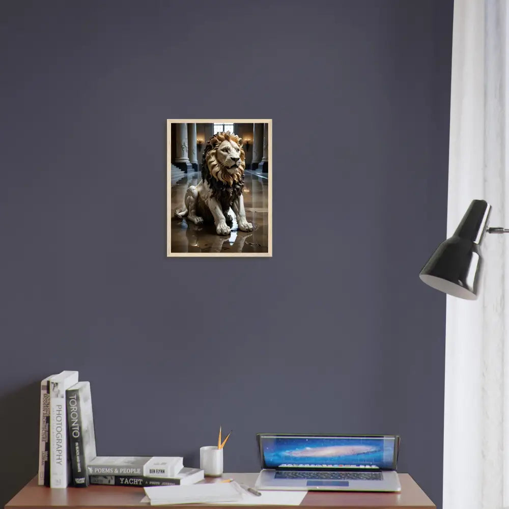 Framed marble lion statue art in grand hall for PixiOnyx Regal Sculpture Series
