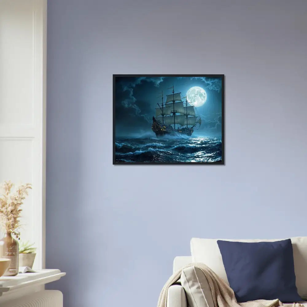Framed ship painting from PixiOnyx Nautical Dreamscape collection featuring moonlit scene