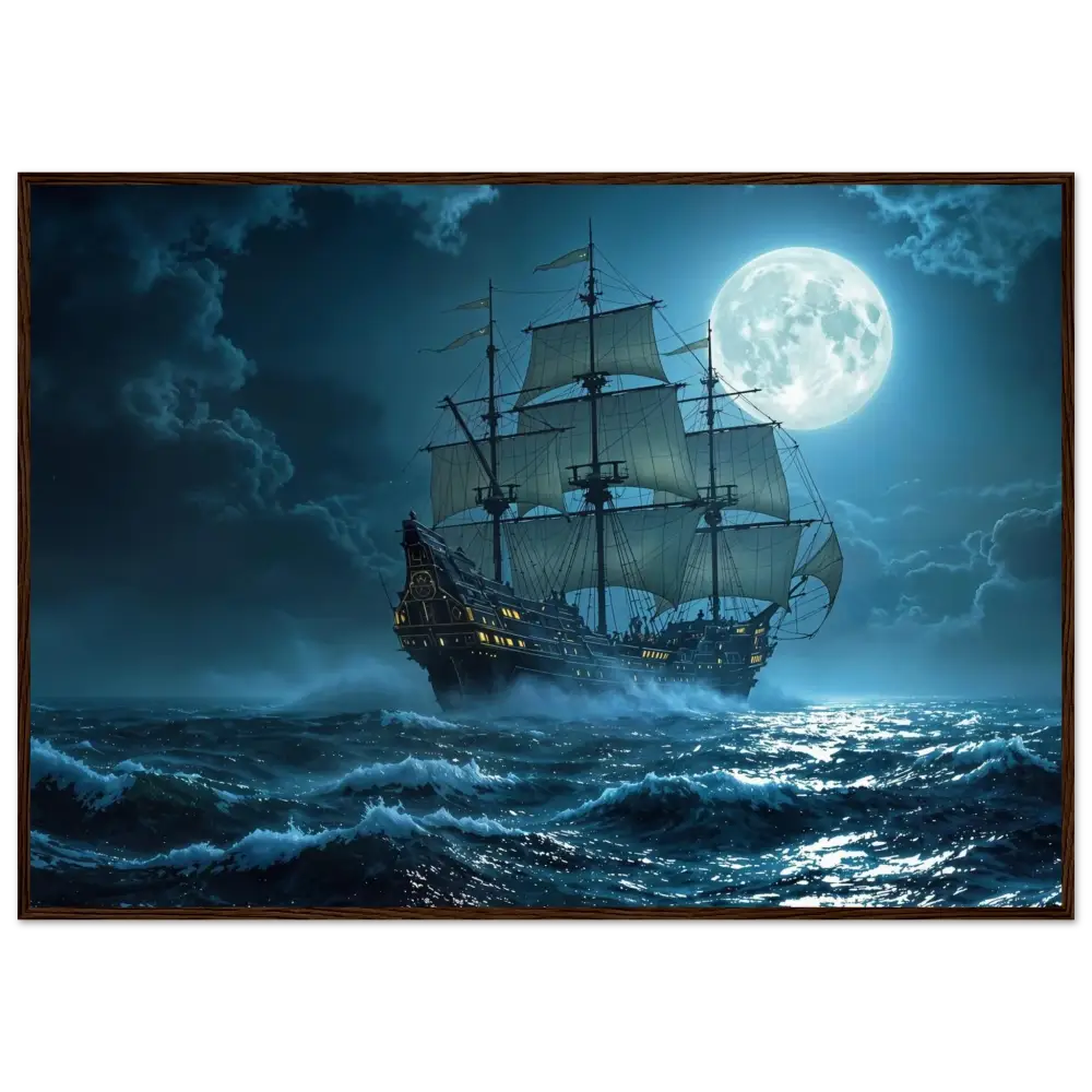 Moonlit sailing ship scene on framed poster titled Moonlit Majesty from PixiOnyx Nautical Dreamscape