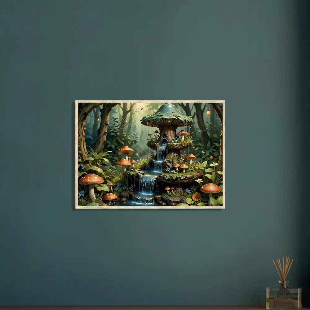 Framed Mushroom Waterfall Artwork for Mystical Wall Decor in PixiOnyx Poster Range