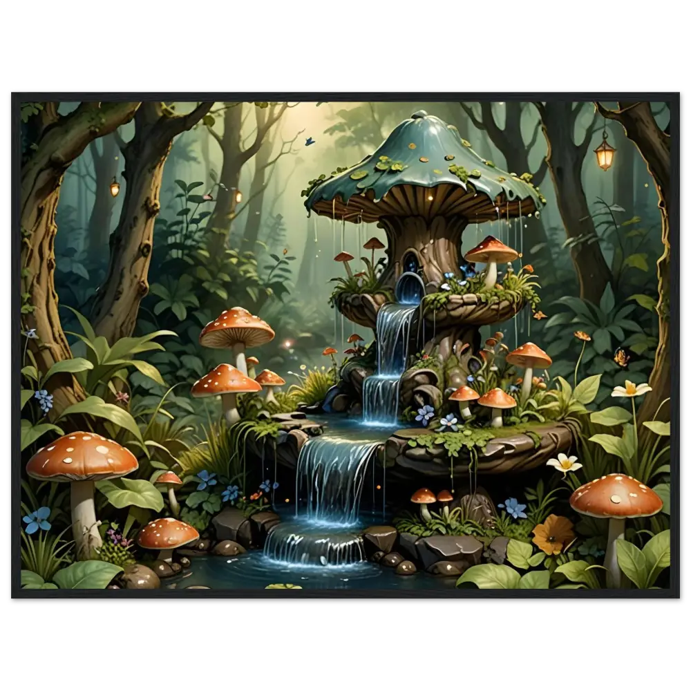 Enchanting mushroom fountain featured in PixiOnyx Framed Poster Mushroom Cascade Shrine
