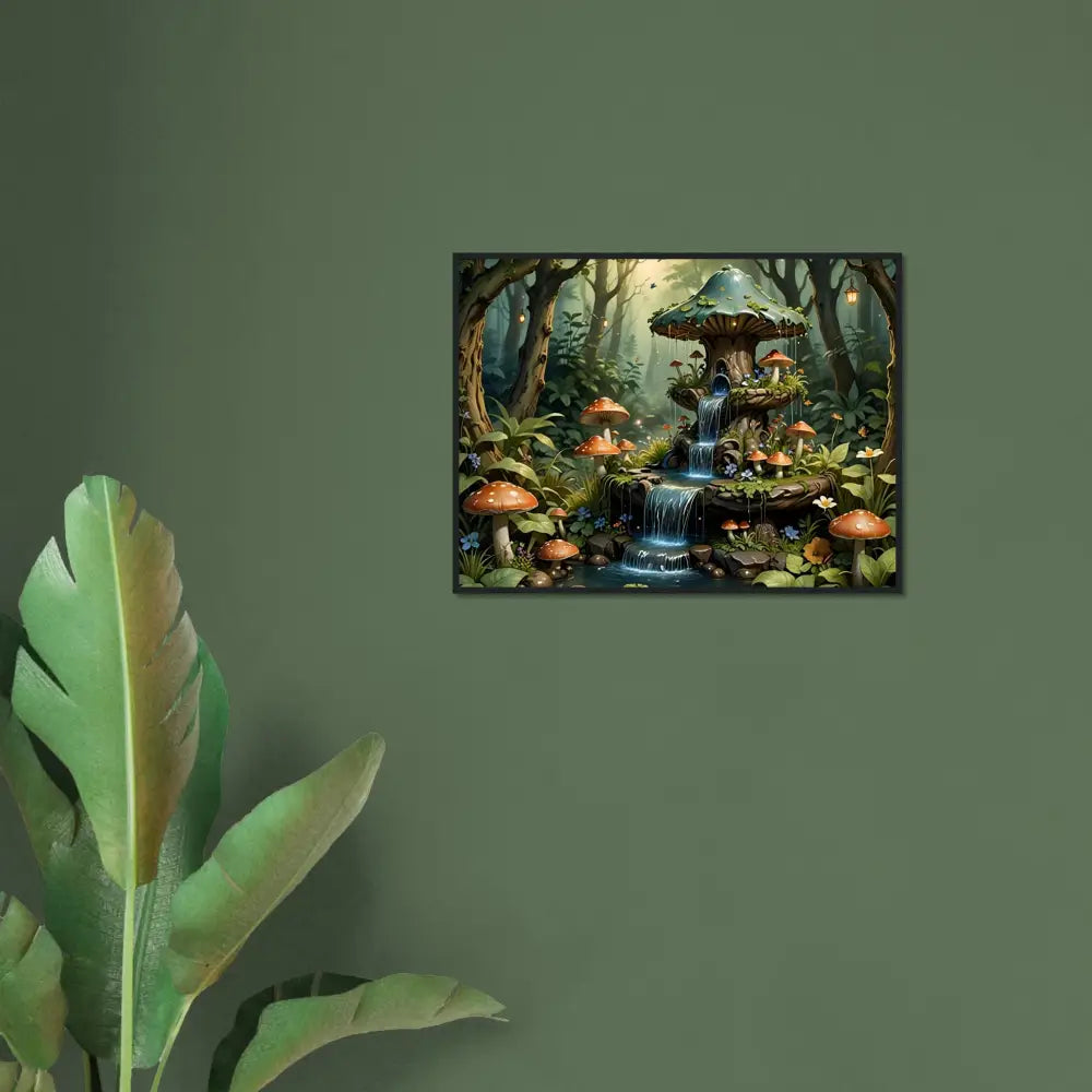 Framed mushroom waterfall artwork displayed on PixiOnyx Mystical Wall Accent poster