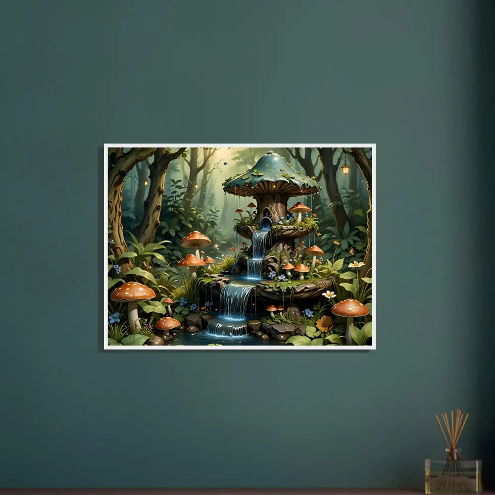 Framed poster of a mushroom fountain in a whimsical forest for PixiOnyx Mystical Wall Accent