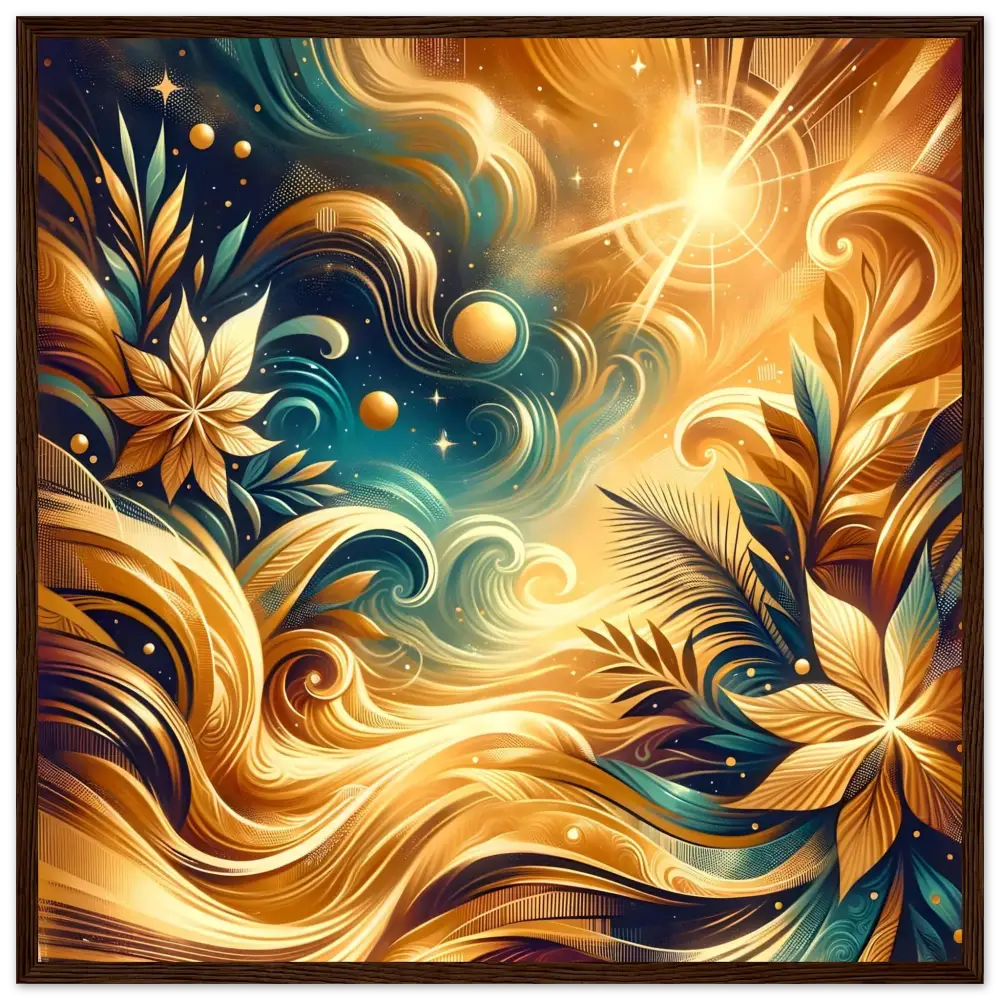 Abstract golden floral artwork on framed poster titled Nebula Bloom Cascade by PixiOnyx