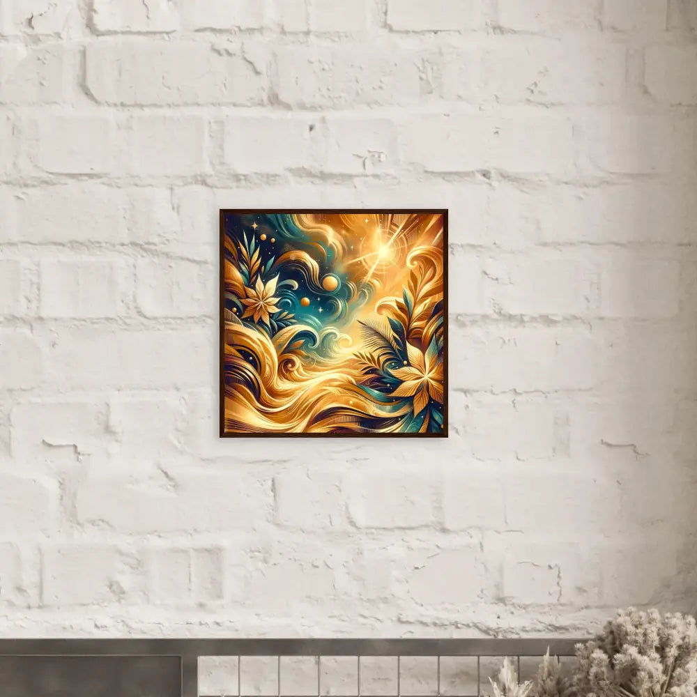 Framed fantasy art poster titled Nebula Bloom Cascade with cosmic and nature motifs