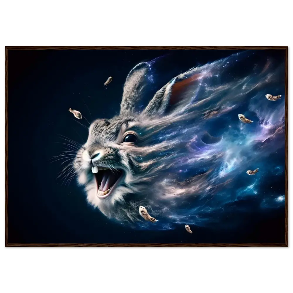 Surreal rabbit head with cosmic nebula artwork in Framed Poster Nebula Howl by PixiOnyx
