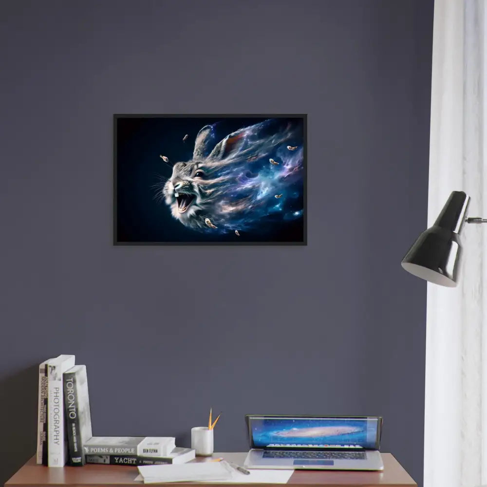 Framed cosmic rabbit artwork from PixiOnyx Nebula Howl poster in Starlit Frame Edition