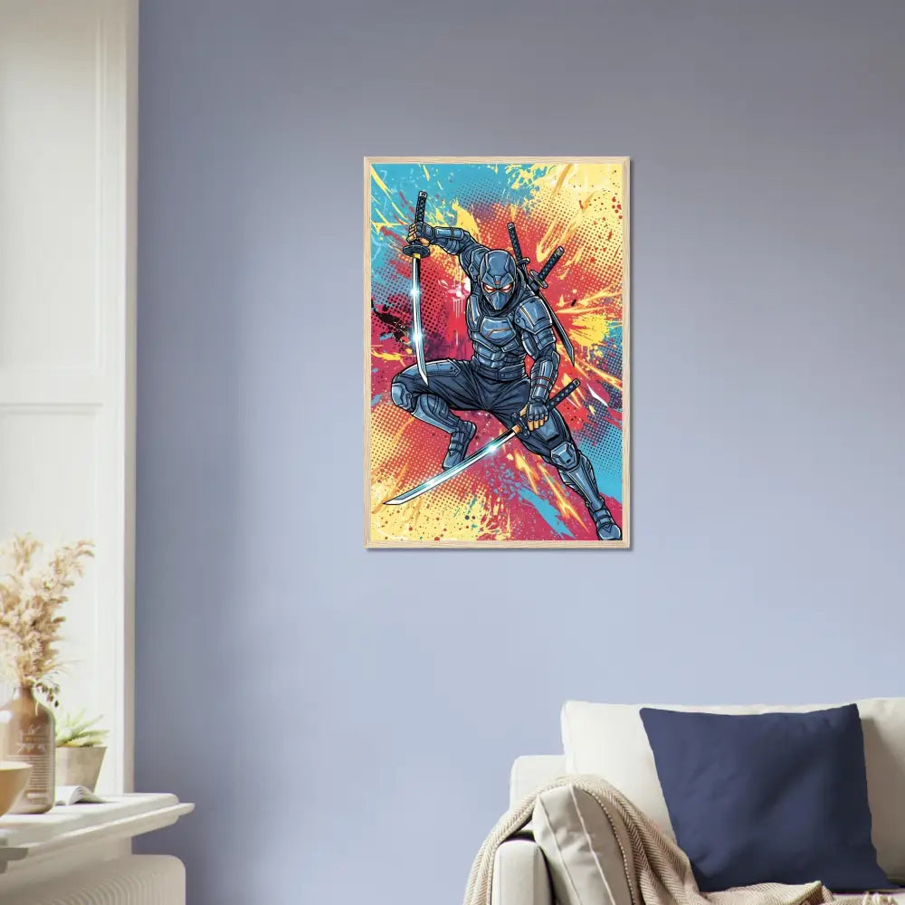 Framed poster of a cyber-sleek ninja launches mid-air with katanas in retro comic chaos style