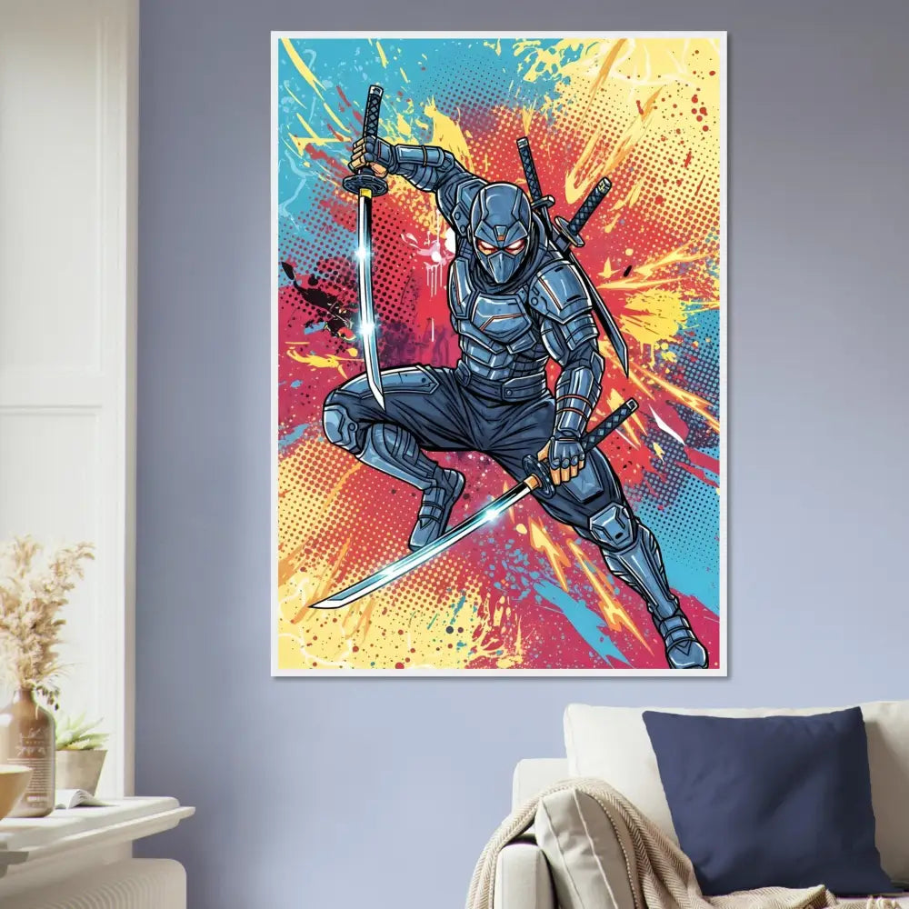 Cyber-sleek ninja launches mid-air against vibrant abstract background in PixiOnyx Pop Samurai Series poster