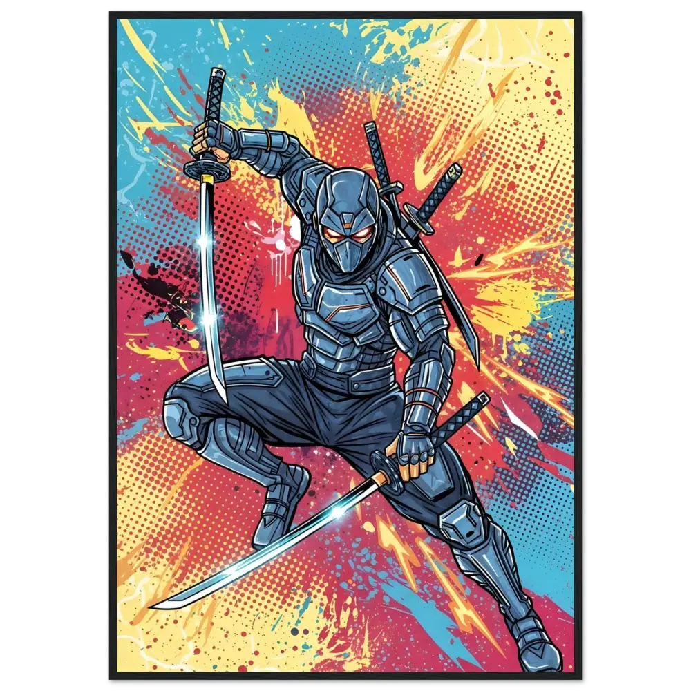 Cyber-sleek ninja launches mid-air with katanas in retro comic chaos art for PixiOnyx