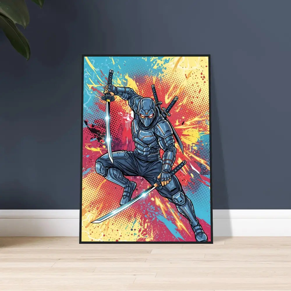 Framed Poster Ninja Slice features cyber-sleek ninja launches mid-air against retro comic chaos background
