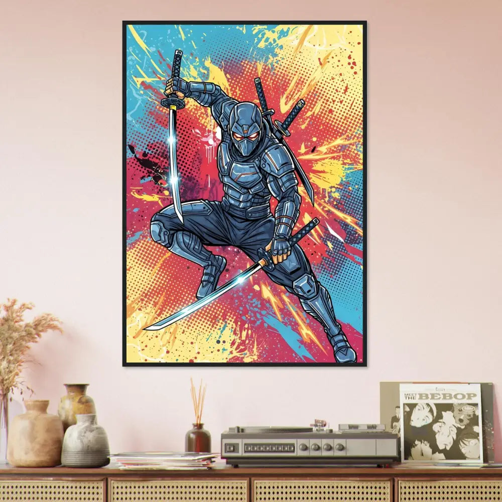 Framed Poster Ninja Slice features cyber-sleek ninja launches in retro comic chaos style