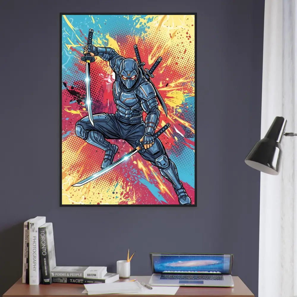 Colorful framed poster of a cyber-sleek ninja launches mid-air with katanas in retro comic chaos style