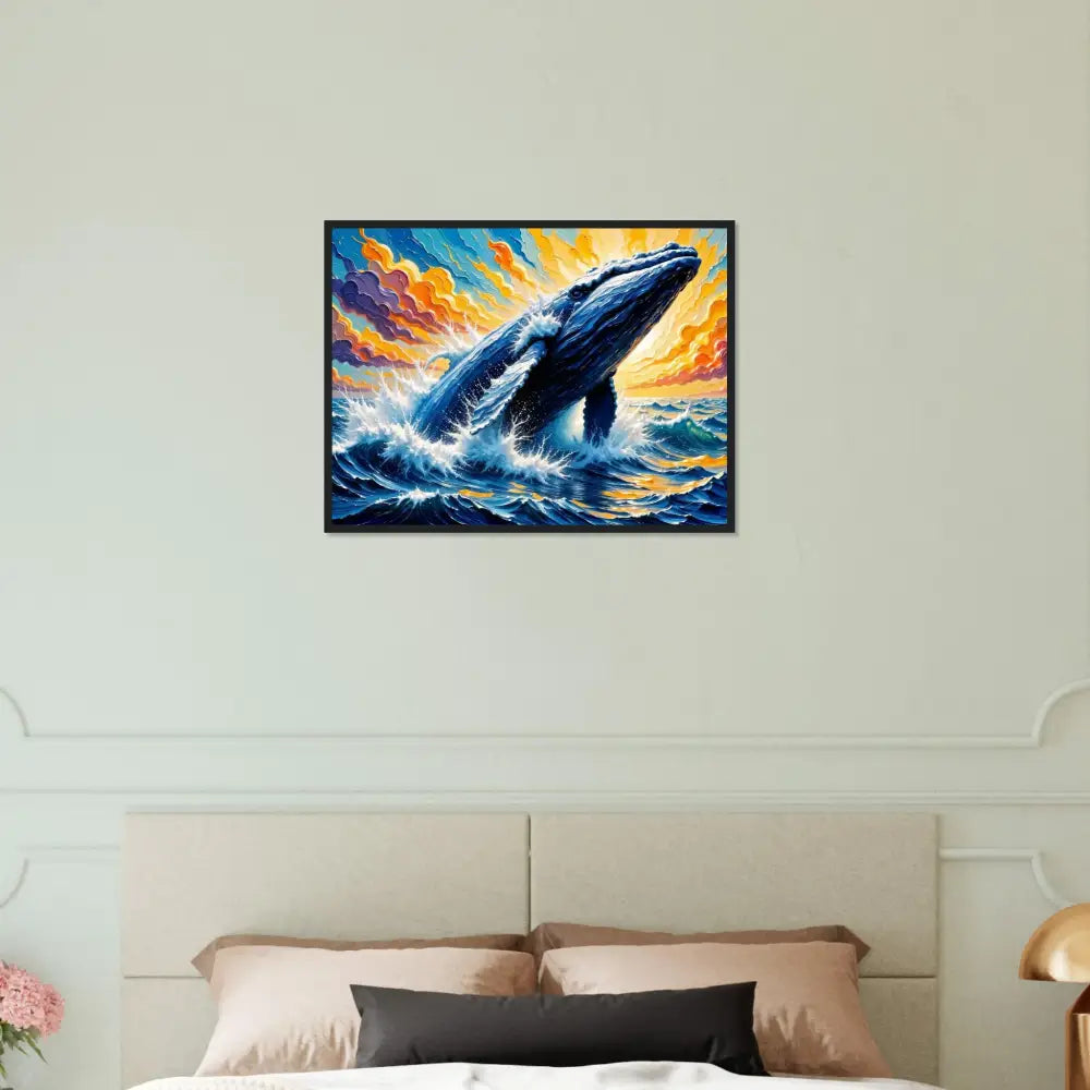 Framed poster of a breaching whale in vibrant ocean scene on museum-grade matte paper