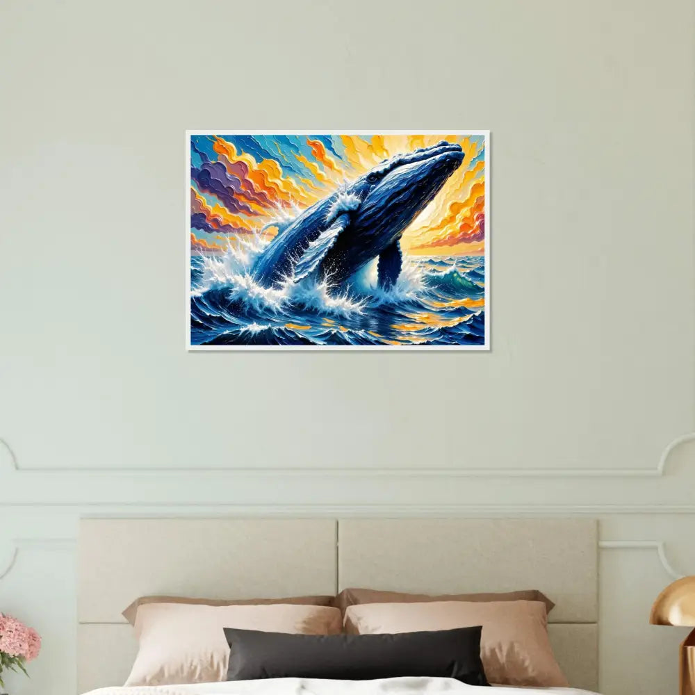 Framed poster of a blue whale breaching in colorful waters on museum-grade matte paper