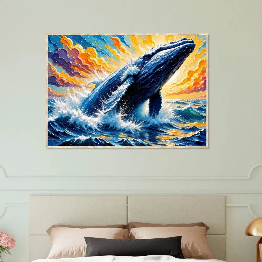 Vibrant framed painting of a blue whale breaching in stormy sea on museum-grade matte paper