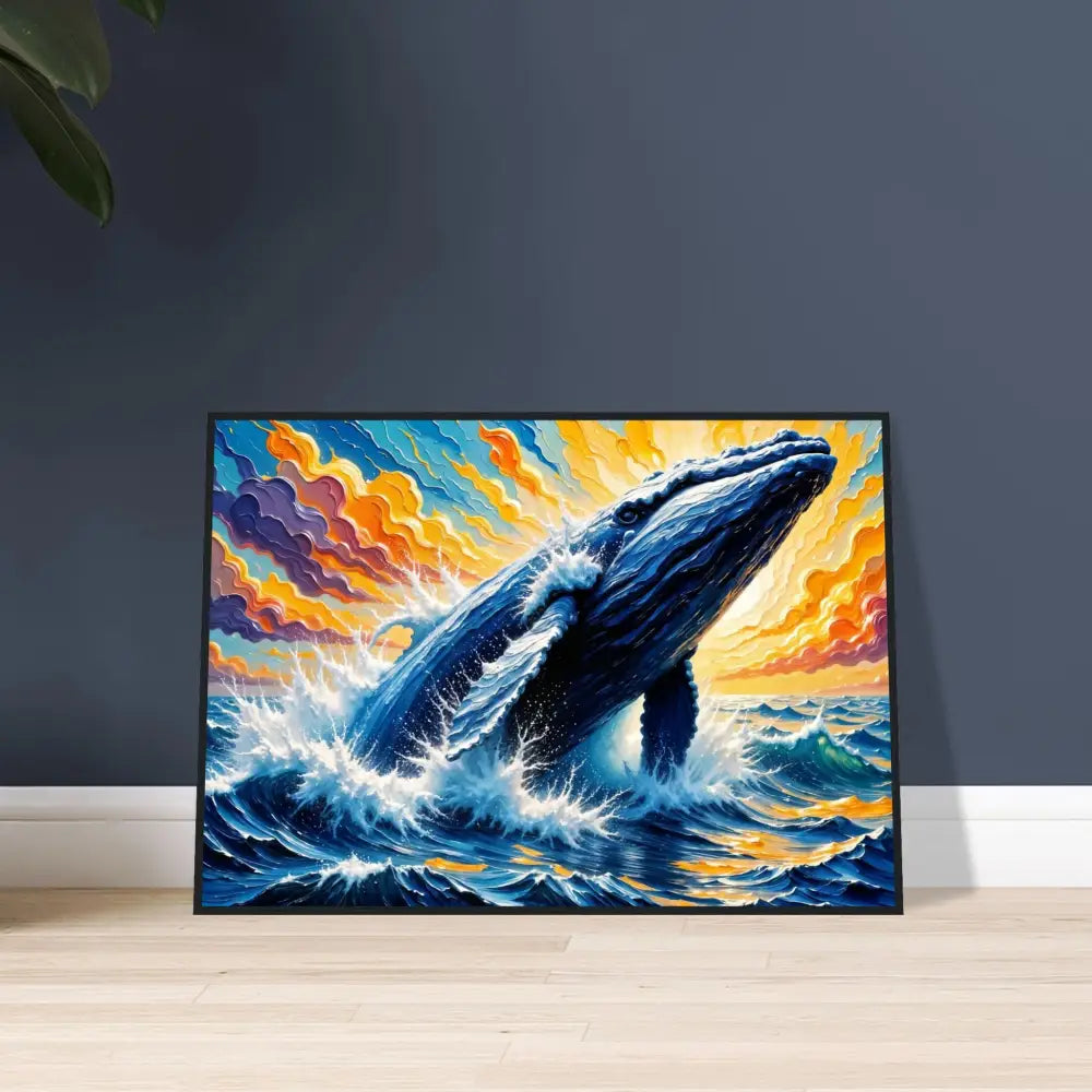 Framed poster of a whale breaching in colorful waters showcasing sea’s untamed grace on museum-grade matte paper