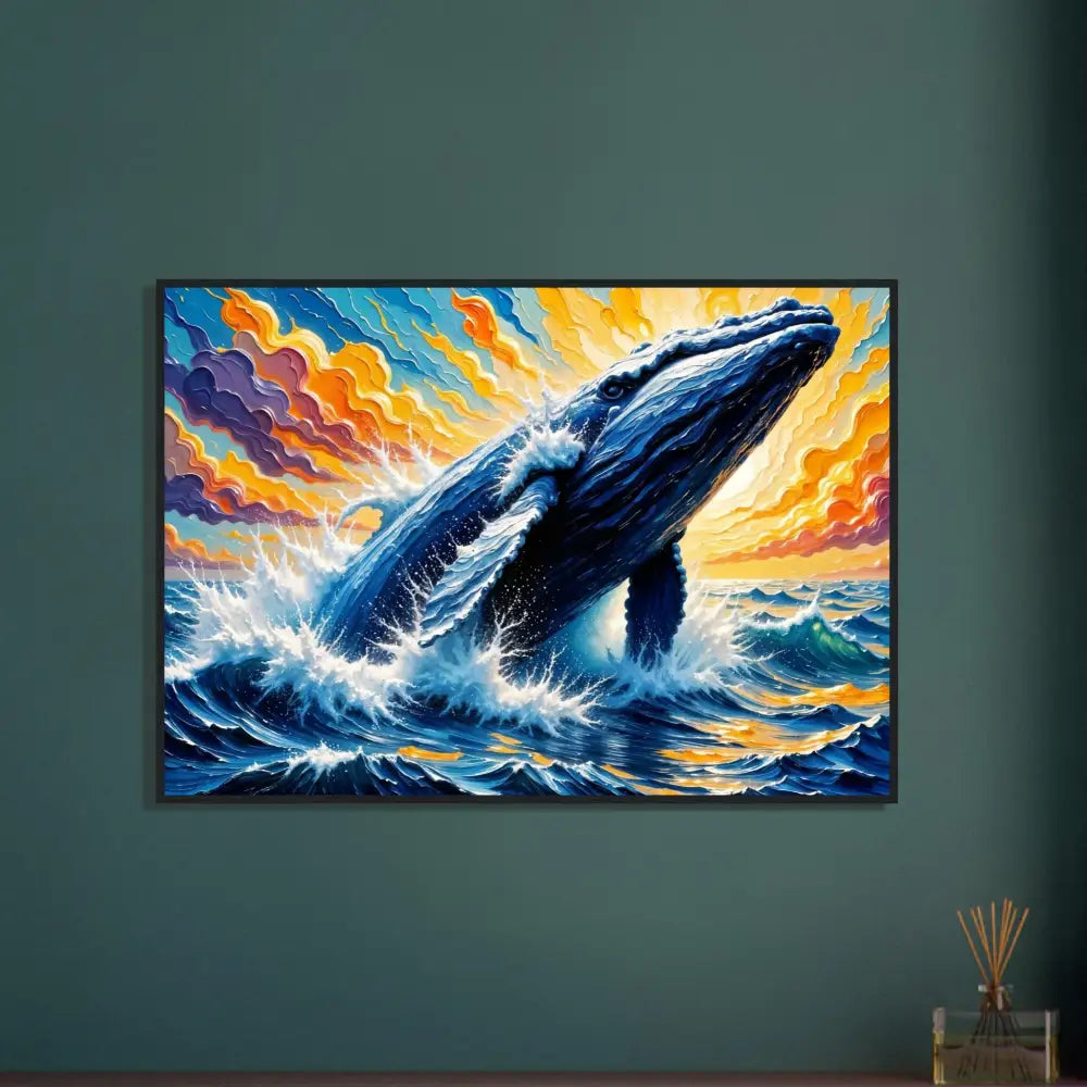 Vibrant oil painting of a whale breaching stormy sea on museum-grade matte paper