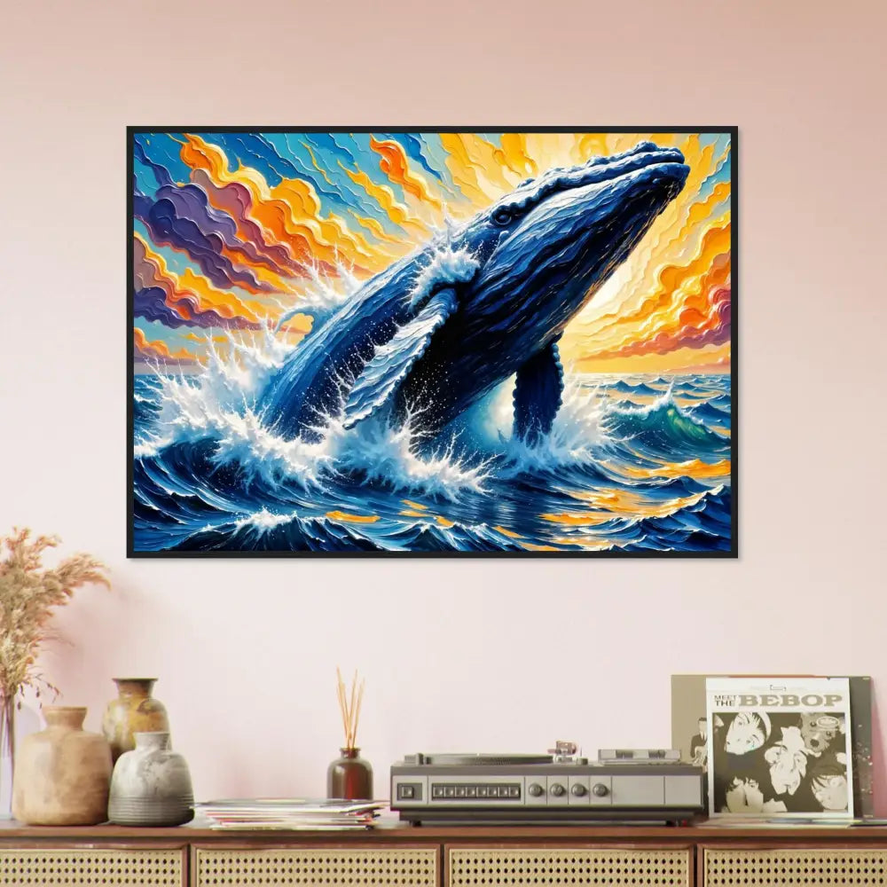 Vibrant textured oil painting of a whale breaching capturing the sea’s untamed grace on museum-grade matte paper
