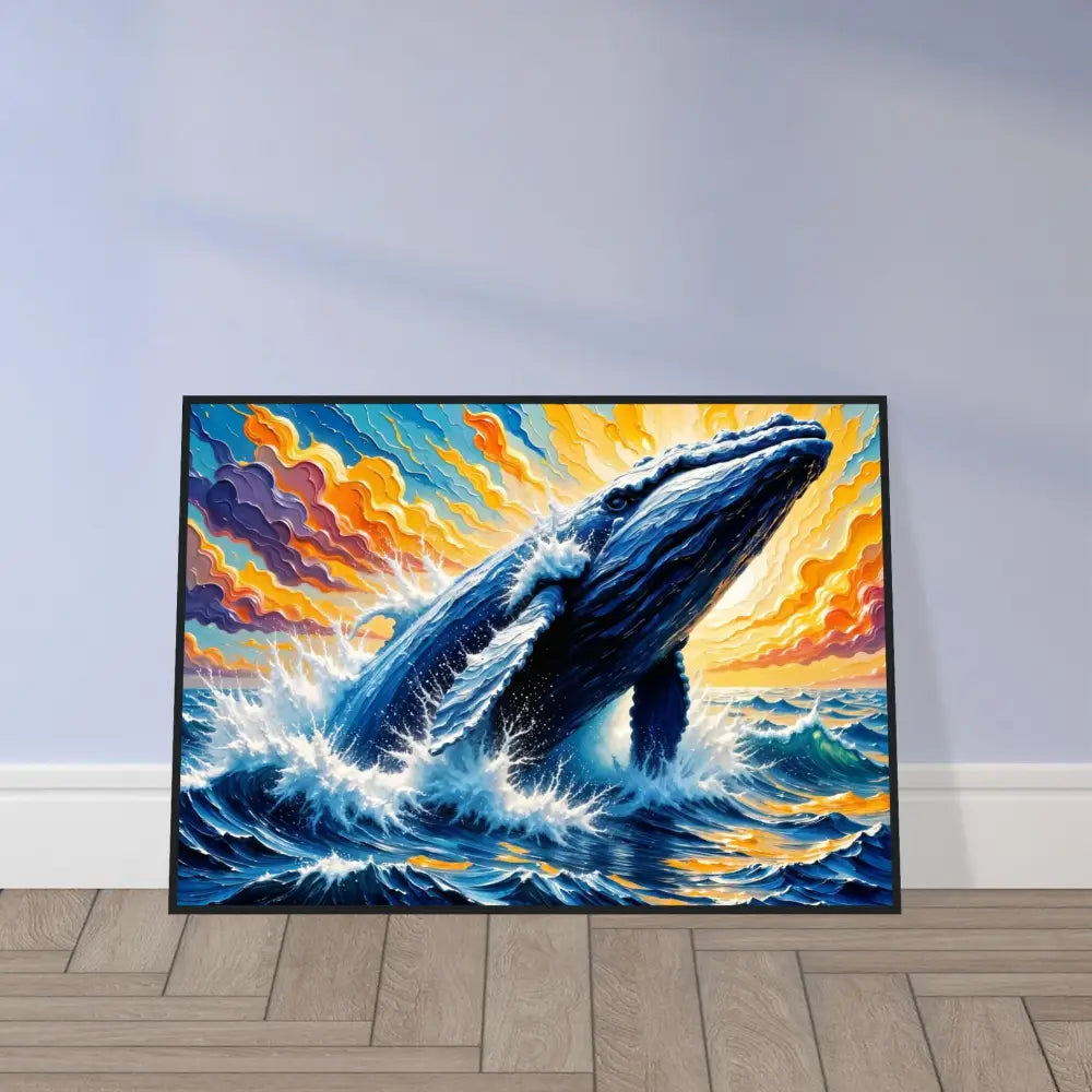 Vibrant framed painting of a breaching whale in colorful sea on museum-grade matte paper