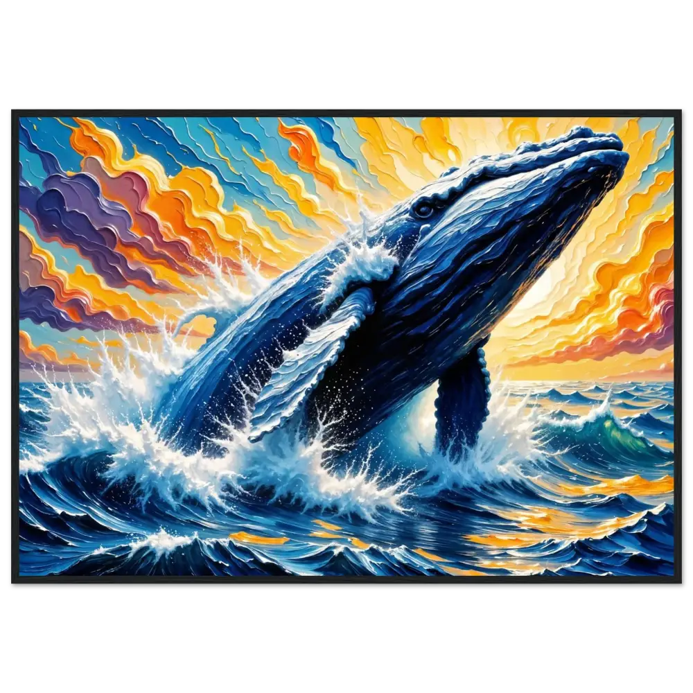 Vibrant textured blue whale breaching ocean on PixiOnyx Museum-Grade Matte Paper poster