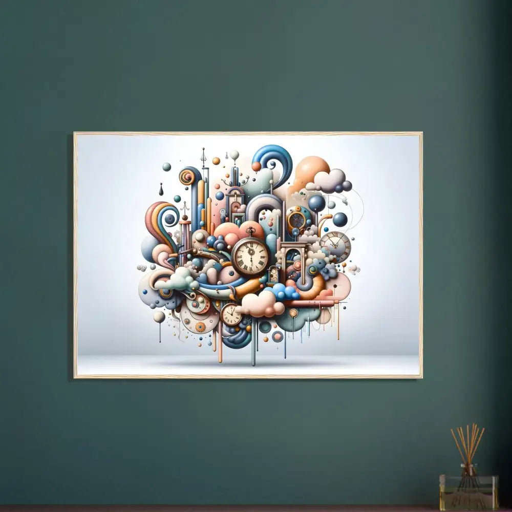 Colorful whimsical clockwork art on a surreal framed poster display titled Pastel Mechanica