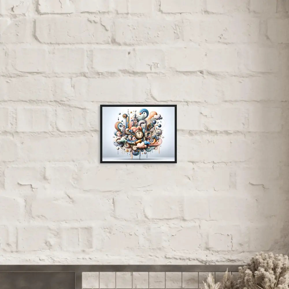 Framed abstract art titled Pastel Mechanica a Dadaist Bloom on PixiOnyx Surreal Wall Accent