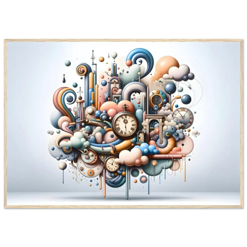 Whimsical clockwork dreamscape in pastel tones on Surreal Wall Accent Framed Poster