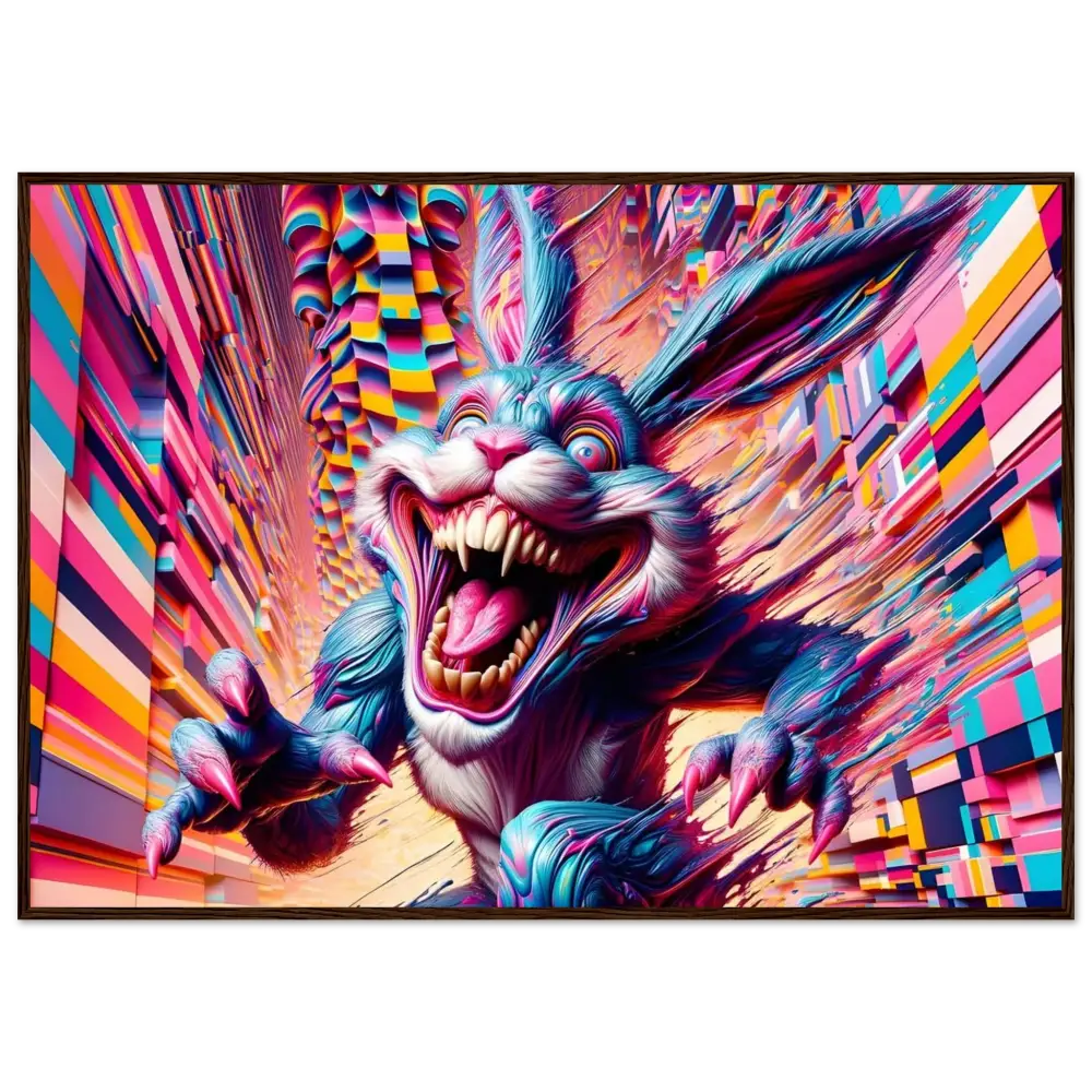 Colorful nightmarish rabbit creature framed poster Pixel Panic Psycho Cottontail Quartet