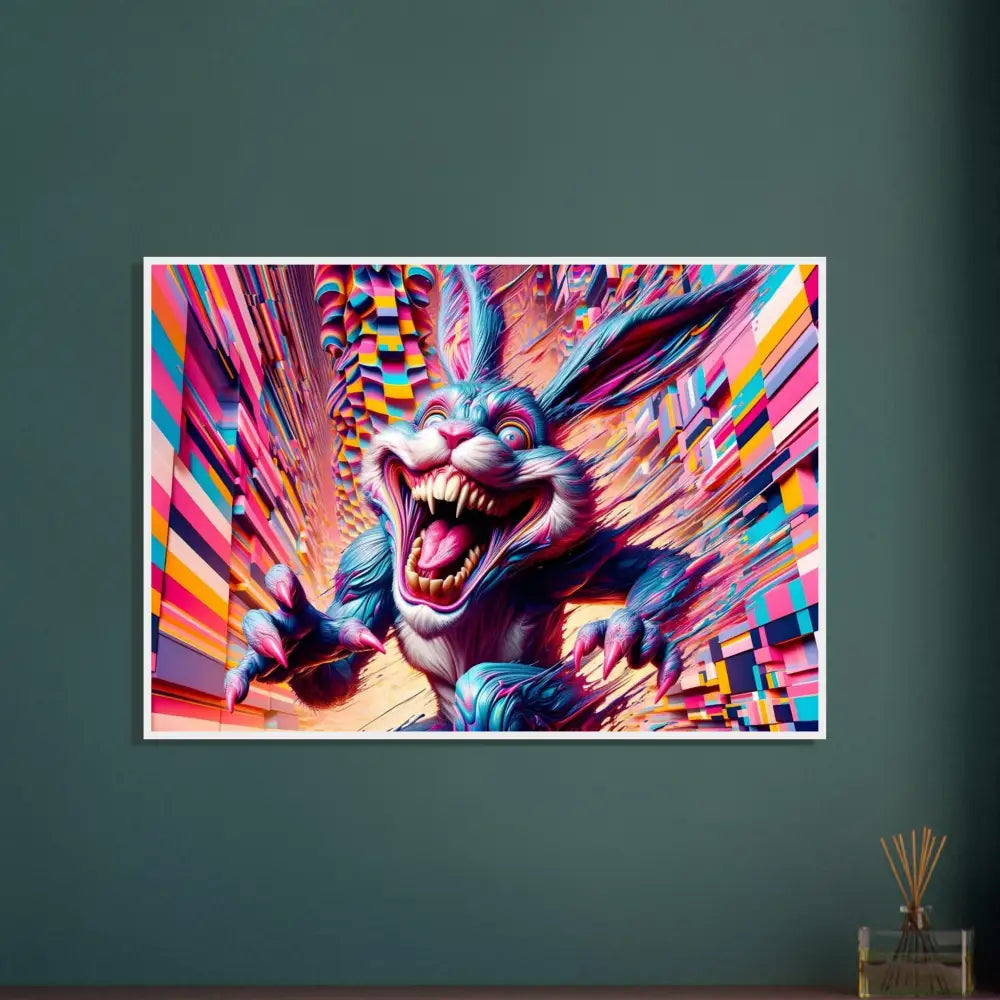 Framed psychedelic rabbit artwork from Pixel Panic Psycho Cottontail Quartet PixiOnyx Edition