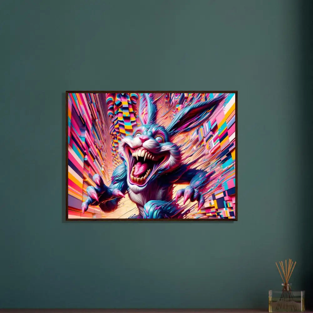 Colorful framed menacing rabbit art poster from PixiOnyx Fractured Frame Edition