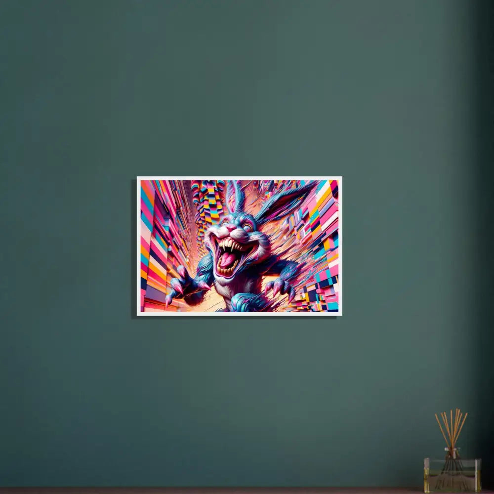 Colorful menacing rabbit artwork displayed in Framed Poster Pixel Panic Psycho Cottontail Quartet