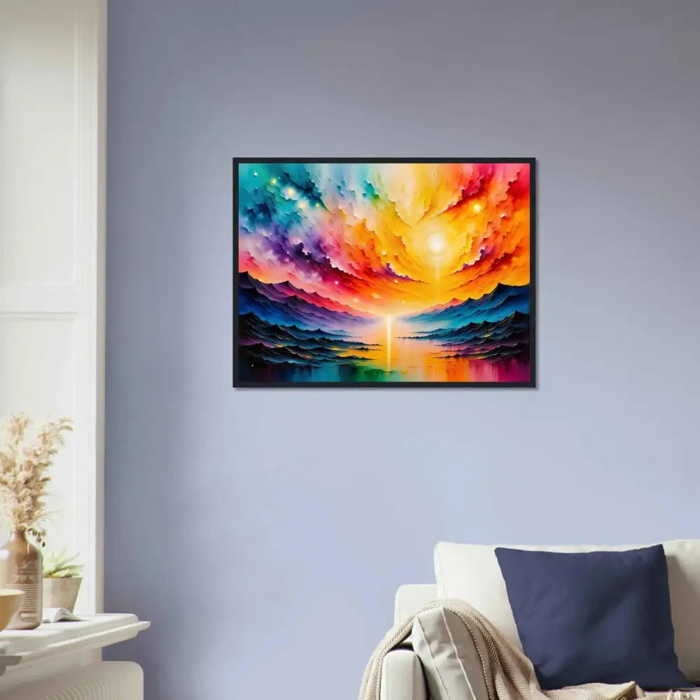Radiant Horizon framed poster showcasing a vibrant sunset over a reflective lake
