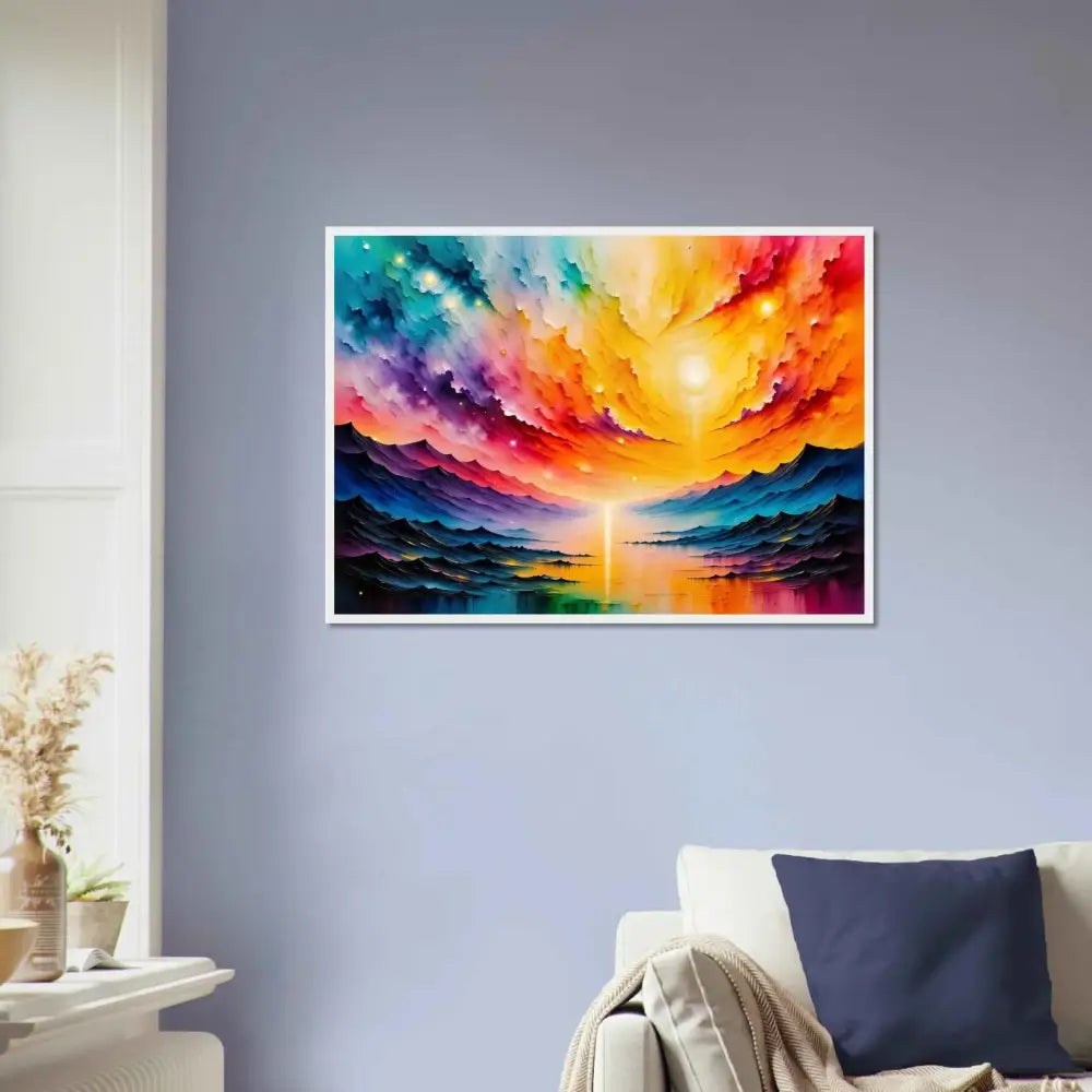 Radiant Horizon framed abstract landscape painting showcasing colorful sky over mountains and water