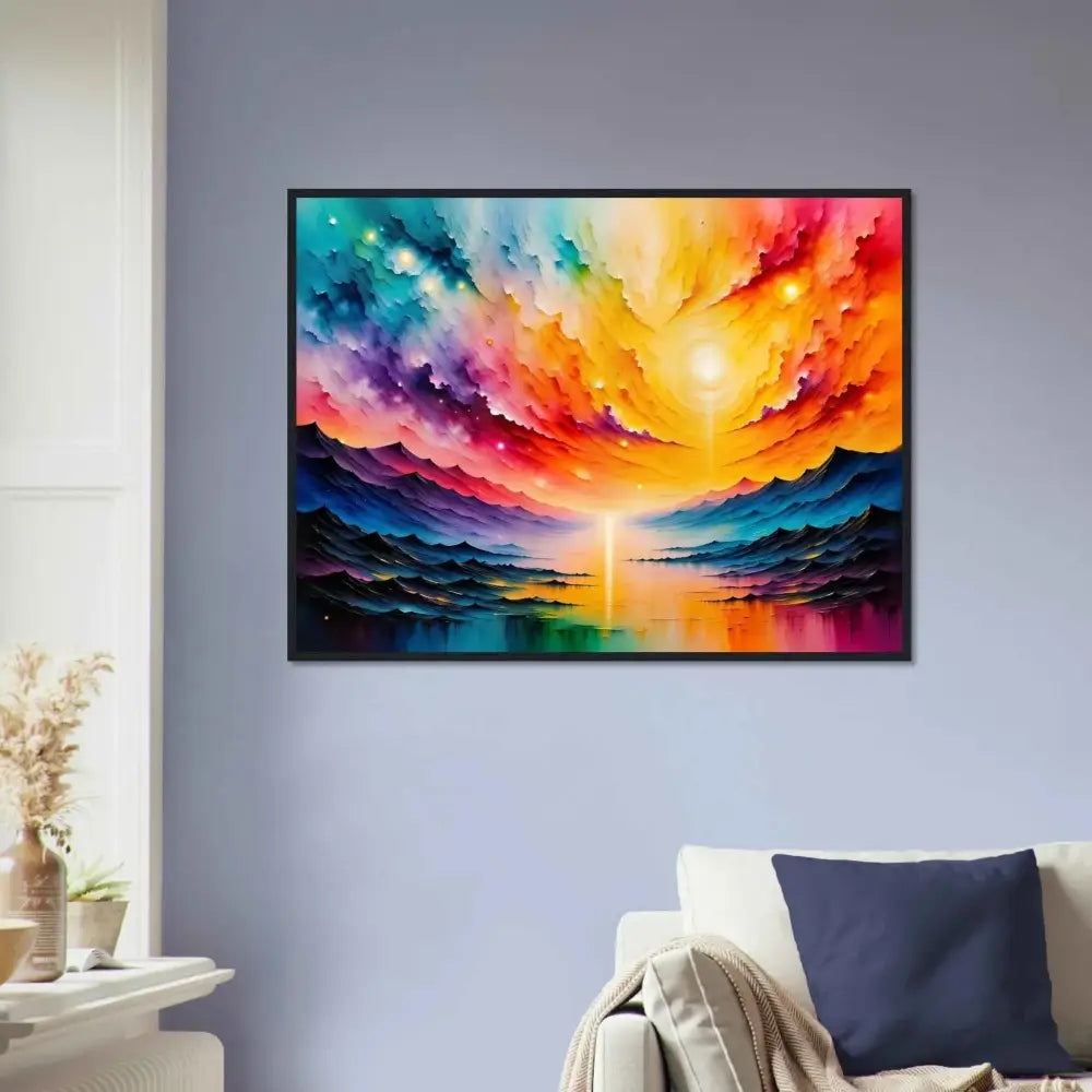 Vibrantly colored landscape painting of Radiant Horizon in a black frame, premium wooden craftsmanship