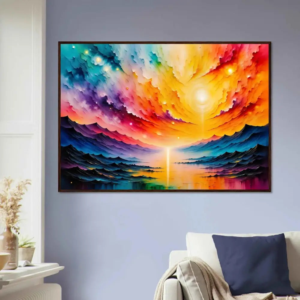 Radiant horizon framed artwork with celestial sky, mountains, and reflective water showcasing premium wooden craftsmanship