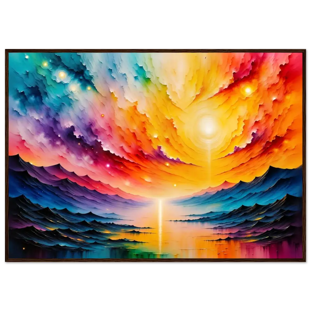 Vibrant colorful abstract landscape painting of Radiant Horizon framed with premium wooden craftsmanship