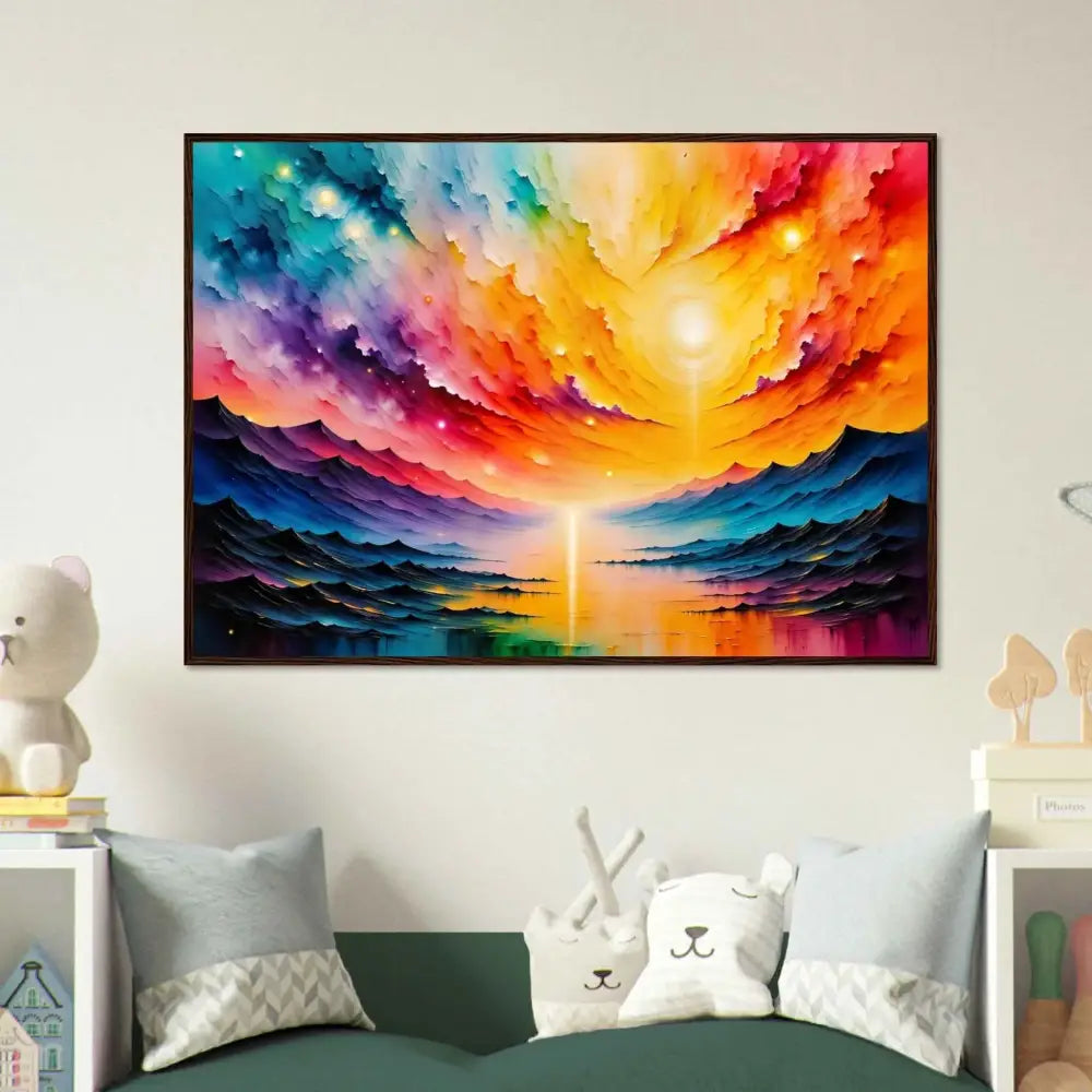 Radiant Horizon framed abstract landscape painting with colorful clouds and reflective water