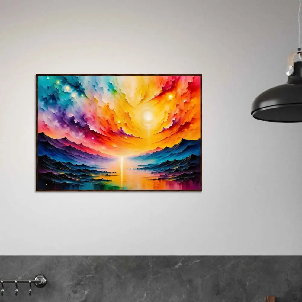 Radiant Horizon framed poster featuring a vibrant sunset over reflective water with swirling mountains