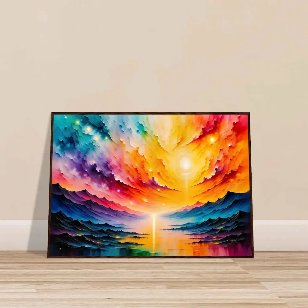 Vibrant framed painting of a radiant horizon over water showcasing PixiOnyx Cosmic Elegance