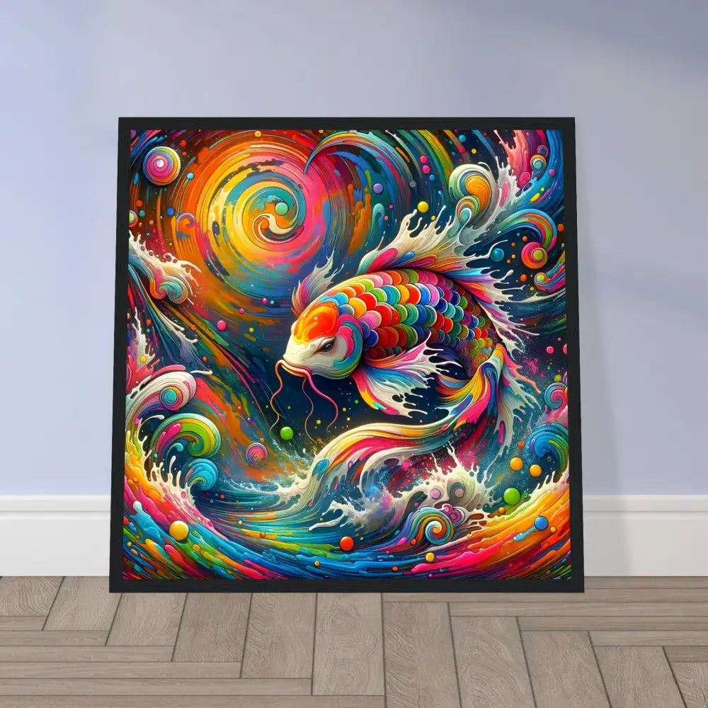 Colorful koi fish painting in a framed poster Rainbow Koi by PixiOnyx Flowstate Elegance