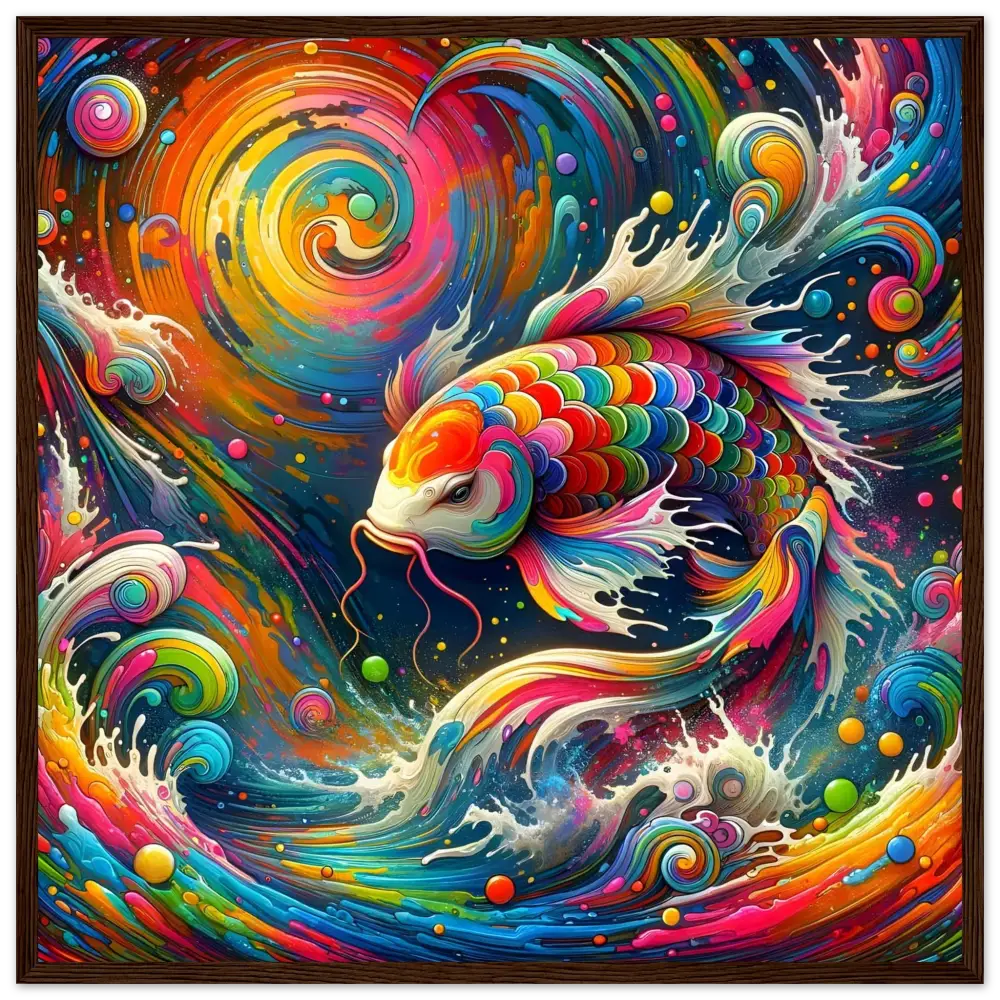 Colorful koi fish art displayed in a framed poster titled Rainbow Koi by PixiOnyx Flowstate