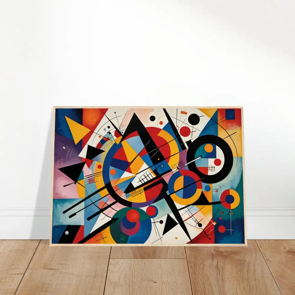 Abstract geometric painting displayed in Framed Poster Rhythmic Geometry by PixiOnyx