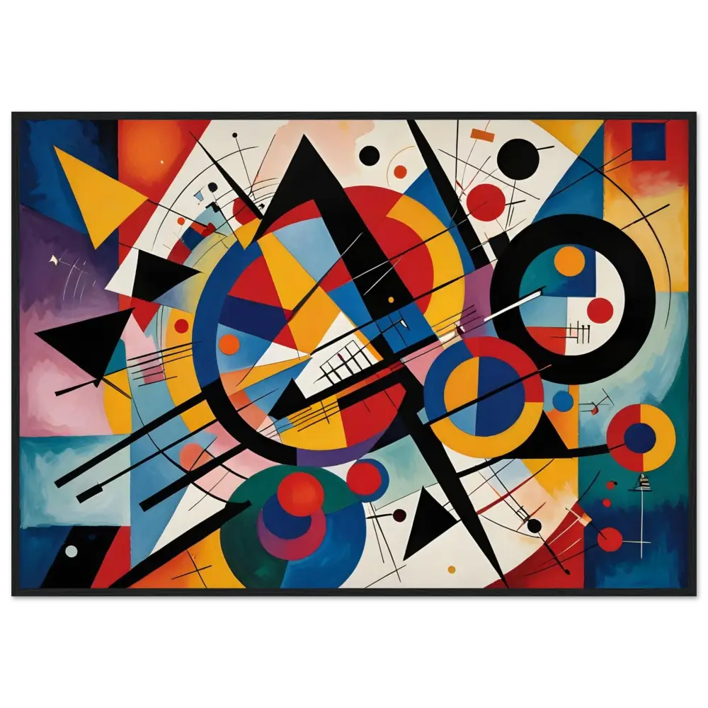Abstract geometric painting displayed in Framed Poster Rhythmic Geometry by PixiOnyx