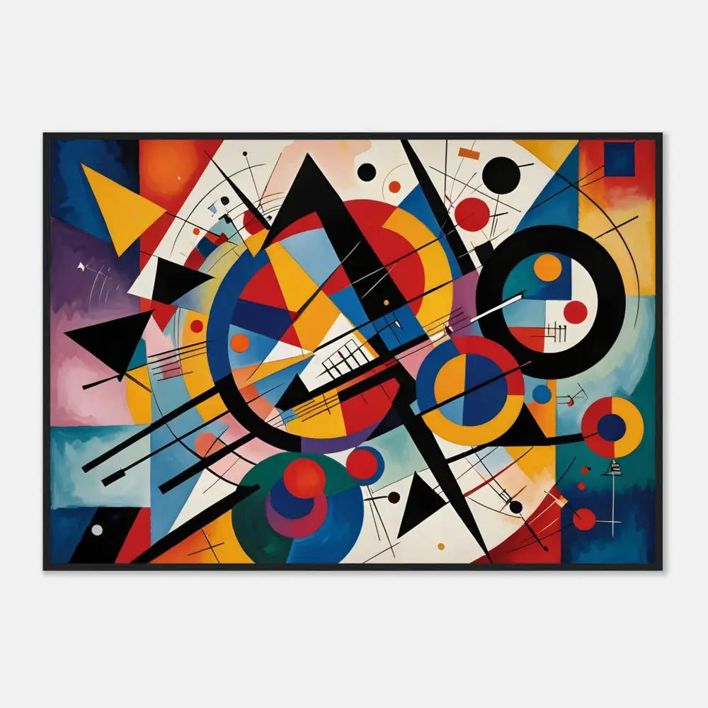 Abstract geometric painting displayed in Framed Poster Rhythmic Geometry PixiOnyx Abstract Artistry