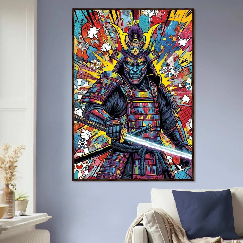 Vibrant pop art style samurai splash painting on sustainably sourced wood for PixiOnyx Wall Warrior Series